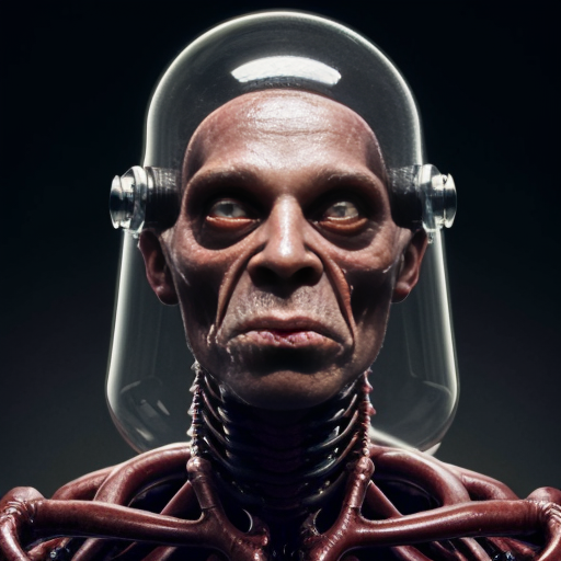 A 9 :16 aspect ratio pic of Photorealistic close-up portrait of a grotesque, skinless biomechanical face made of raw, glistening red muscle, veins, and sinew. Wide staring eyes and a gaping mouth filled with stringy fleshy fibers. The head is encased in a clear glass dome helmet with metallic tubes connecting to the jaw and neck. The creature wears a blue garment at the shoulders. Cinematic lighting, wet textures, highly detailed sci-fi body horror, 8k resolution.