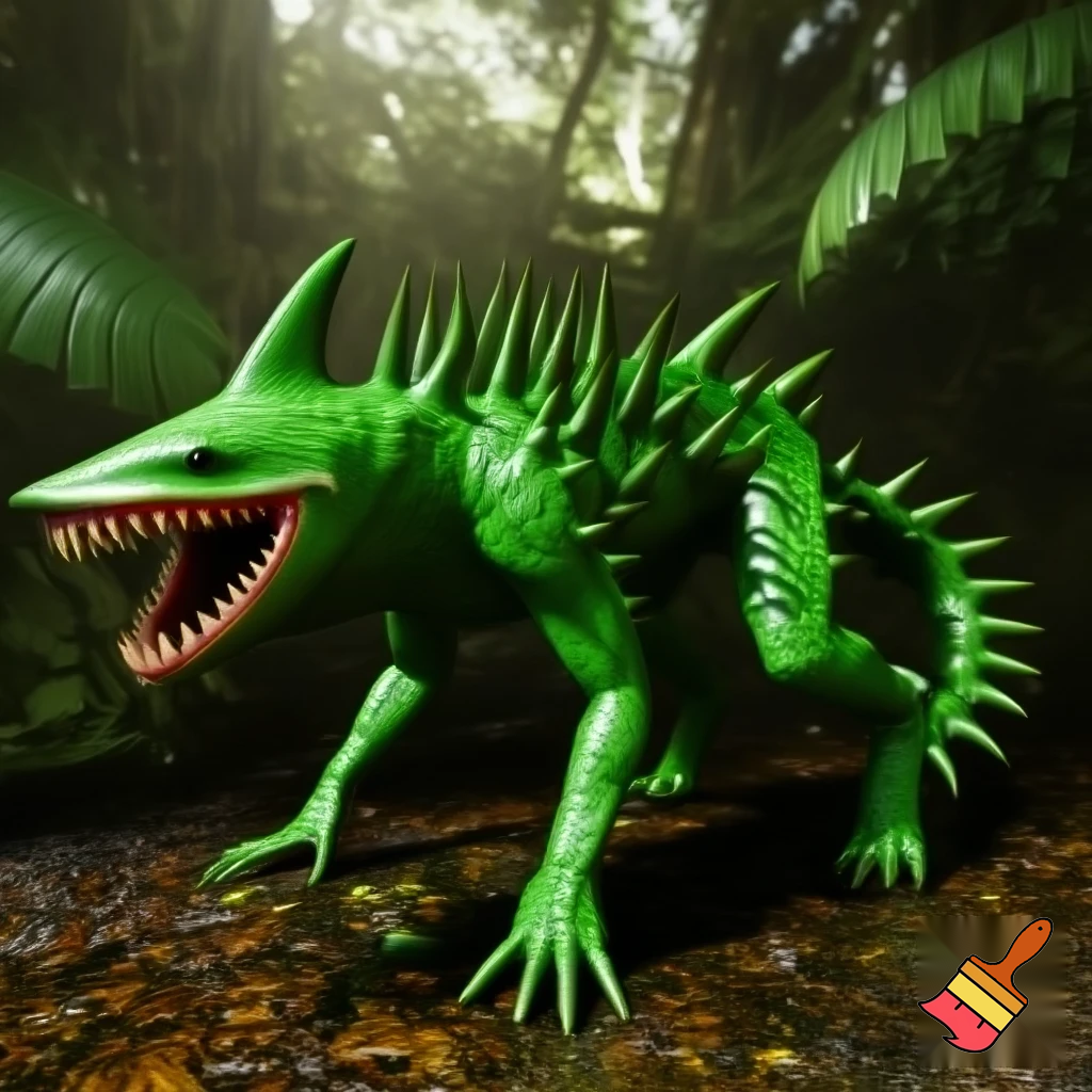 a animal that has green skin and has no eyes
and has a tail with spike on the tail and body and looks like a fly trap and lives in the rainforest has a big mouth and has shark teeth and has legs
and give him a shark face with no eyes and walks on all fours


 

