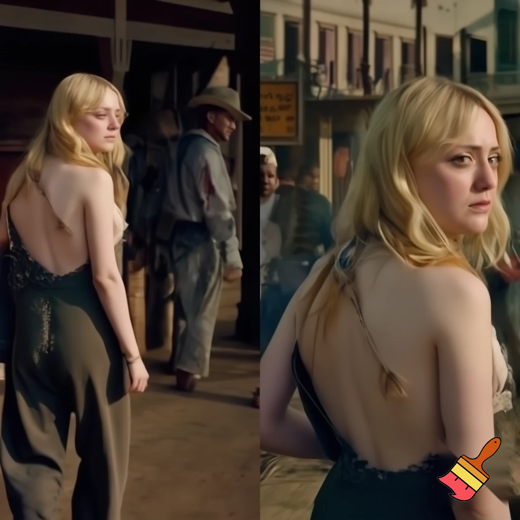 Dakota Fanning, various poses, torn clothes, wild west street scene, close up shot, breast exposed, walking away looking over her shoulder 