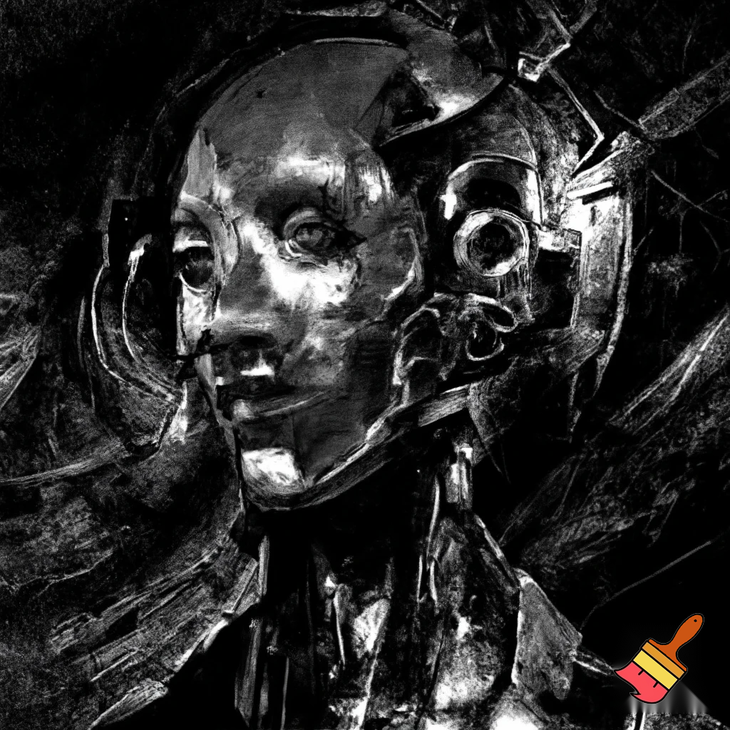 Bio-mechanical girl portrait, noise art. In the style of a 1920's German Expressionism. Black & white.