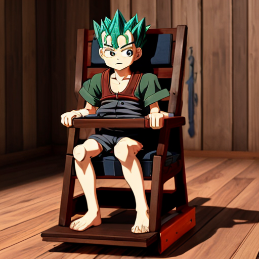 gon from hunter hunter  is restrained in a special childseat, where his body is restraint and a wooden Platform is around his neck, so that the head cant be moved and he is getting fed 
