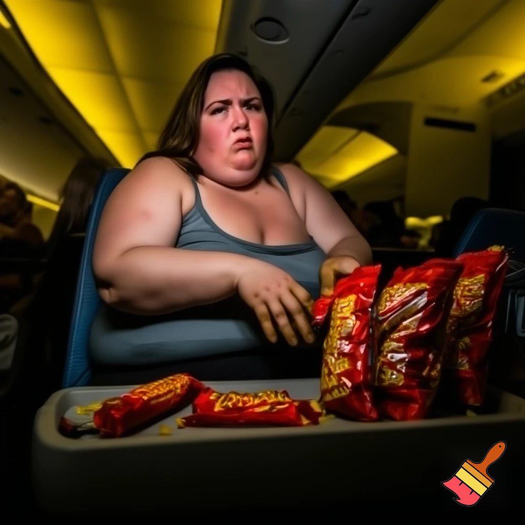 woman in a plane eats alot of hot cheetos she turned fat the inpoley came  in and she eat all her snacks