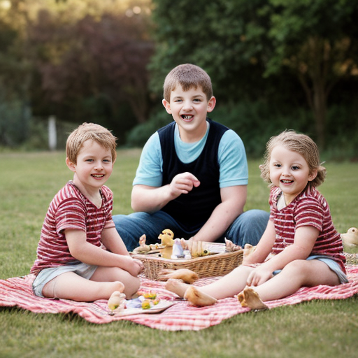 Two grown-ups, one big girl, little twin brothers Danny and Suzy and big sister's pet five little ducks having a picnic.