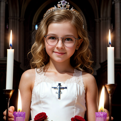 Cute adorable niña Chilindrina glasses con hair curly Blonde con corona Flores con verano elegante formal primera comunión sensual sexy con holding vela dé candela con altar con iglesia templó católico 2