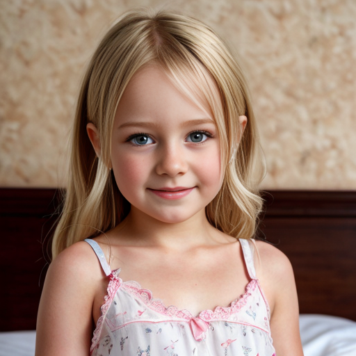 german little girl, blonde hair, nightdress, bedroom background