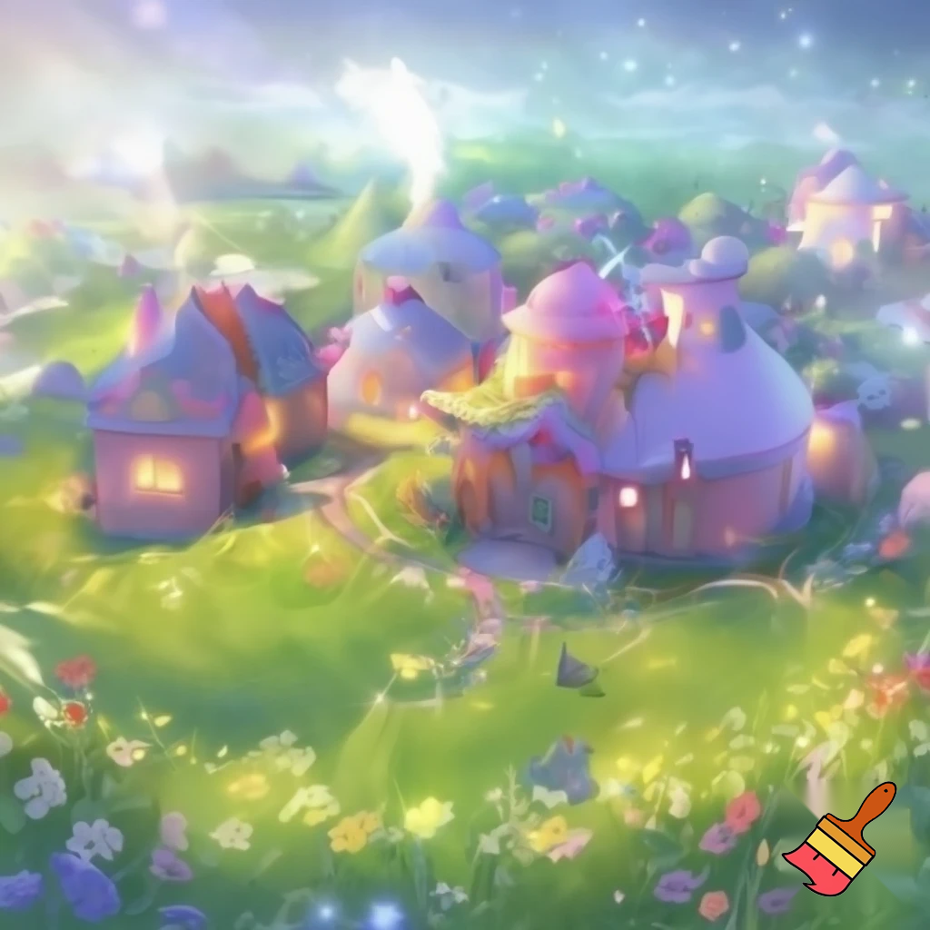 A cute town mythical town in a meadow. It has pastel color houses 