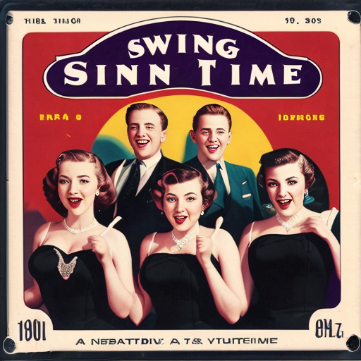 A CD cover with a 1940s style image of swing time singers.