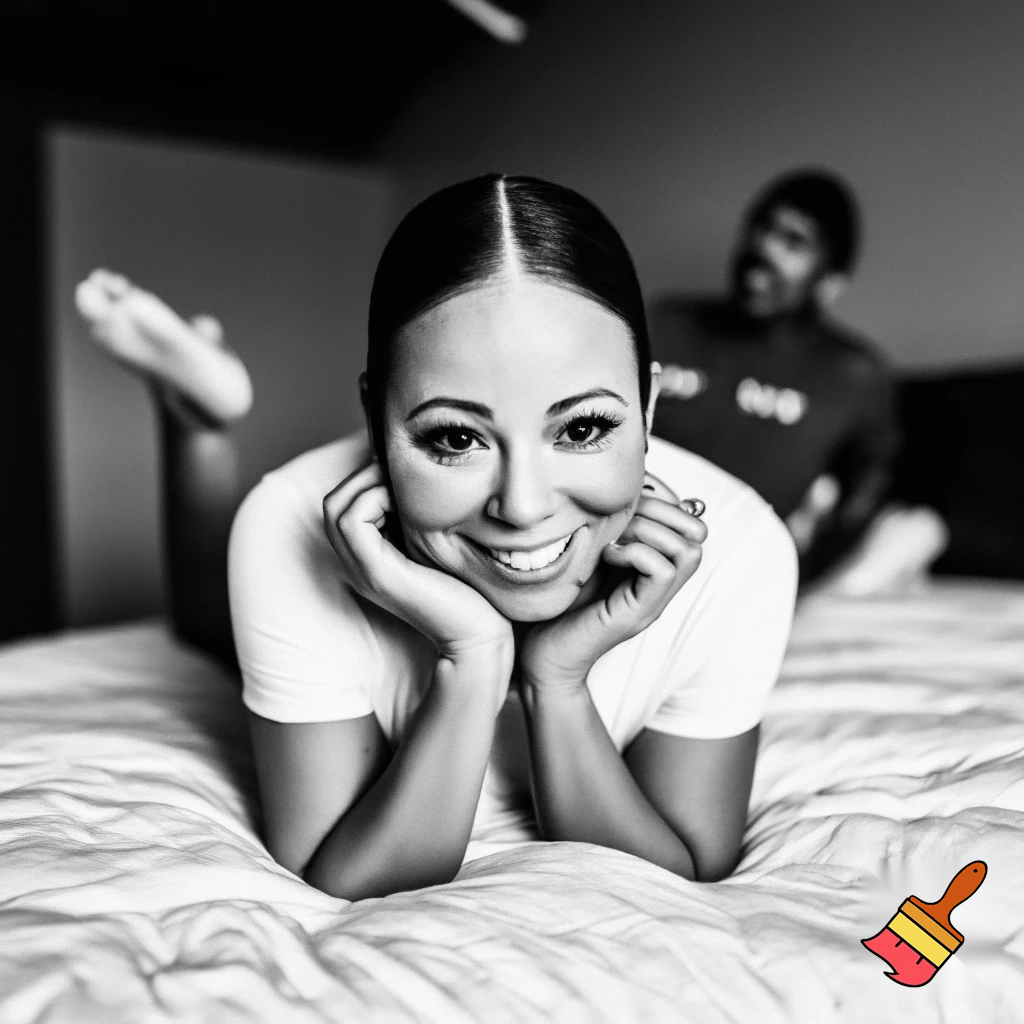 Black and white image of Mariah Carey with a brown sleek middle part low back bun wearing a white t shirt laying down on her stomach in bed with her 2 feet up 2 hands on her cheeks smiling and Nick Cannon is in the background chilling