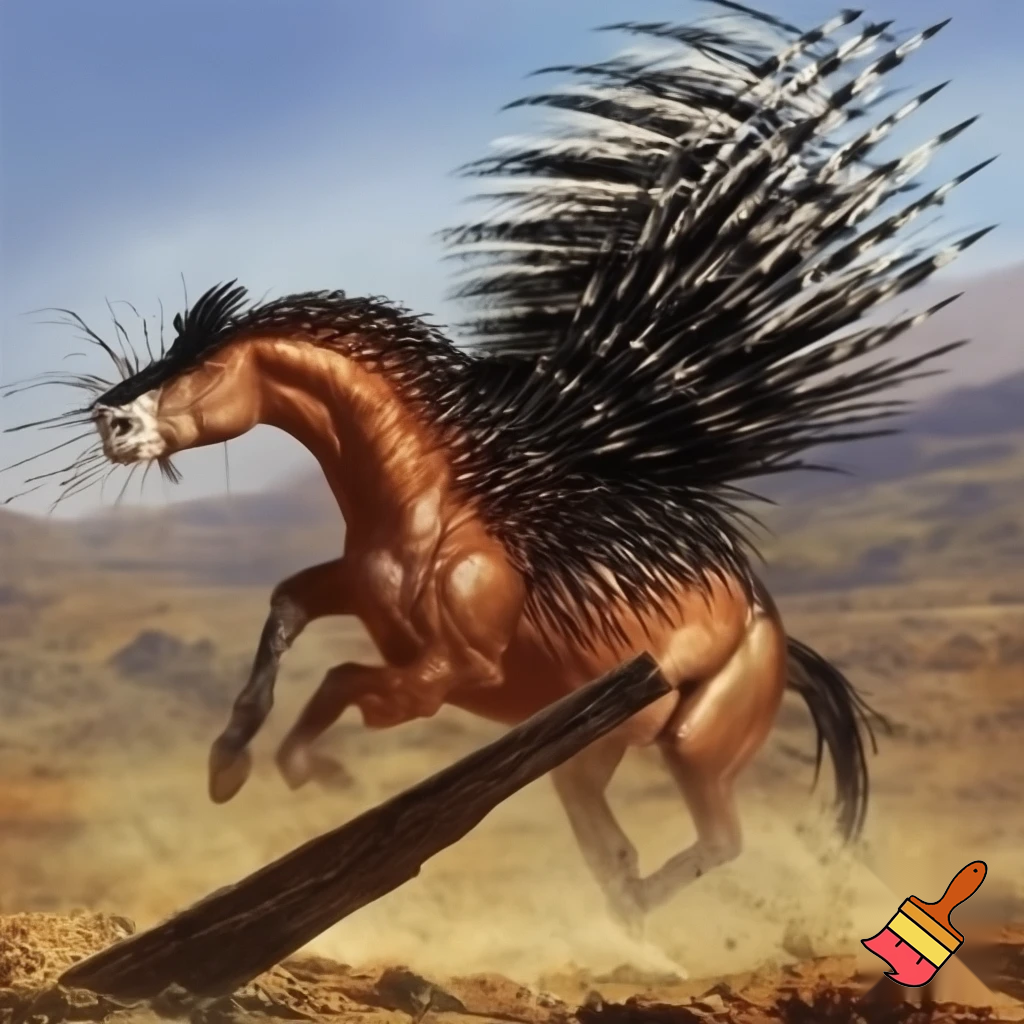 Half porcupine half horse kicking with a wooden board