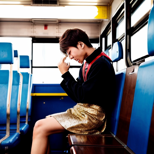 
30대 중반 한국 미녀, 염색한 갈색 머리 장발. 개 목줄, 드롭 이어링, 글리터 상의, 시퀀 큐빅 스커트, 하이힐 착용. 버스 좌석에 앉은 한국 남자 고등학생 위에 올라탄, 혀로 뺨을 핥는.
