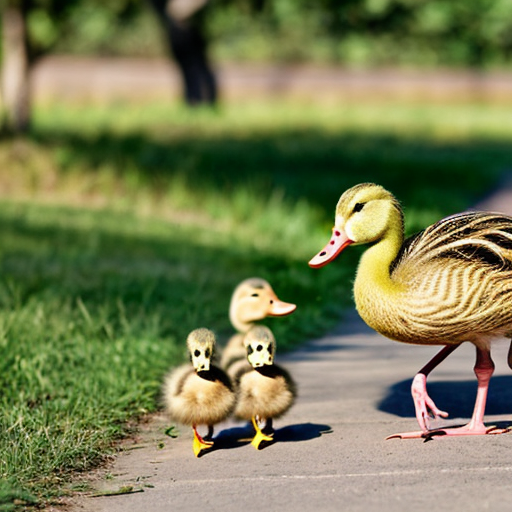 Green duckling, pink duckling are following and walking with mother duck.