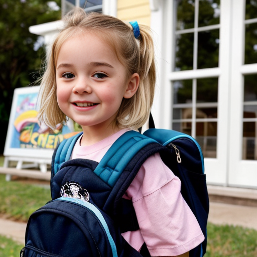 A bright, colorful children’s book cover in the style of a Disney cartoon. In the center, a smiling girl stands in front of a cheerful elementary school building, next to her younger brother who has Down syndrome and autism.

The girl has light skin and big expressive eyes. She has blonde hair in a high ponytail with a cute hair tie. She is wearing a light pink skirt and a white ruffled shirt, with a colorful backpack on her shoulders.

Her brother has light skin, short fluffy hair, and gentle, happy eyes. Show his features clearly so it’s clear he has Down syndrome, but in a kind and respectful way. He is wearing a dark blue shirt, black shorts, and a backpack. He is smiling and standing close to his sister, maybe holding her hand or standing shoulder to shoulder, to show their strong, loving bond.

Behind them is a warm, welcoming school building with big windows, a front door, and the school name on a sign or banner. Add trees, flowers, and a sunny blue sky with soft clouds to make the scene bright and happy, like a Disney movie background.

At the top of the cover, in large, playful, Disney-like letters, write the title: “Posey’s Story”.
Leave space at the bottom for the author’s name.

The overall style should be like a Disney animated film: soft shading, big friendly eyes, rounded shapes, and an emotional, heartwarming feeling that celebrates siblings, kindness, and inclusion. Make it more cartoon