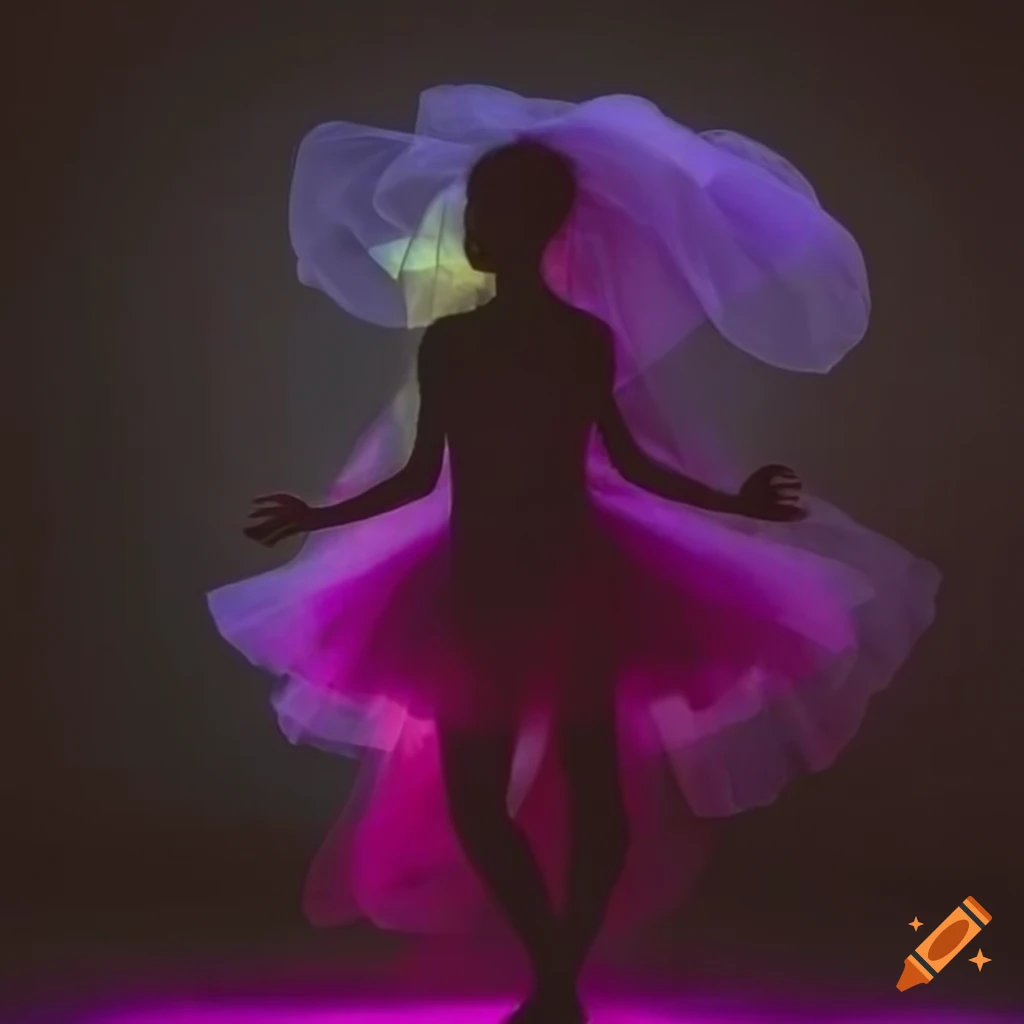 Backlit girl dancer silhouette in tutu twirls under a colorful tulle canopy facing away