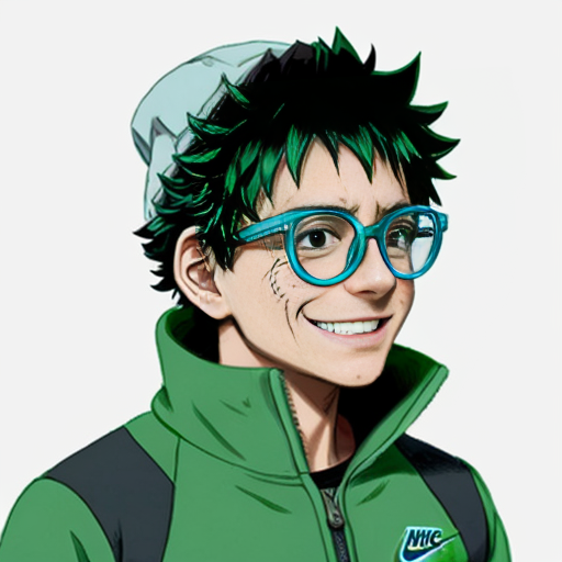 Izuku Midoriya from My hero academia wearing drippy glasses with nike tech fleece and a sideways cap for a profile picture
