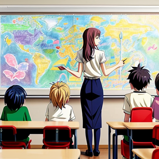 A teacher stands at the board with children around her, drawing