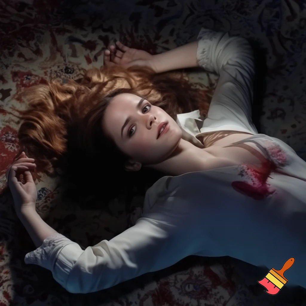 beauty Emma Watson as Hermione lay sprawled across the carpet, her petite body taut with the force of the bullet that had ripped through her tender left breast. Blood seeped from the neat entrance wound, staining her elegant white blouse a deep crimson. The fabric of her bra, a delicate lacy number, was visible as the shirt rode up to expose more of her pale skin.
Her legs were splayed, ankles crossed, in an unnatural pose that accentuated her curves. The way she'd fallen, face down, her long auburn hair fanned out like a halo over the floor. It was a strangely beautiful tableau, marred only by the dark stain growing larger between her shoulder blades, an omen of the brutal violence that had claimed her life.
Her face was turned to the side, the perfect porcelain complexion now marred by a look of shocked terror. Her eyes, those piercing hazel orbs that always seemed to hold a thousand thoughts and emotions, were wide open and staring, unseeing. The bridge of her elegant nose was a gruesome testament to the assassin's aim, a small neat hole, perfectly centered, a fatal kiss of steel and lead.
The eyes rolled slightly, the gaze slanting toward the bridge of the nose, as if Hermione's brain was trying to comprehend the unfathomable pain, the sudden cruel invasion of her body, the very seat of her being. The glassy stare was a mix of horror and defiance, a final and futile attempt to resist the inevitable, to will herself back to life, to transcend the cold embrace of death.
Her lips, usually pursed in concentration or curled in a wry smile, were parted in a silent scream, the pale column of her throat exposed, the delicate tendons and pulsing veins a stark reminder of life's fragility.
Every contour of Hermione's body was etched in death's chill, each detail amplified by the stark lighting and the cruel stillness of her pose. She looked impossibly lovely, even in the face of such terror and tragedy, a fleeting snapshot of a life brutally extinguished before its time. The escalating crimson stain on her white blouse was a grim reminder of the sacrifice she made, her elegant form now a macabre canvas for the evil that had unfolded.