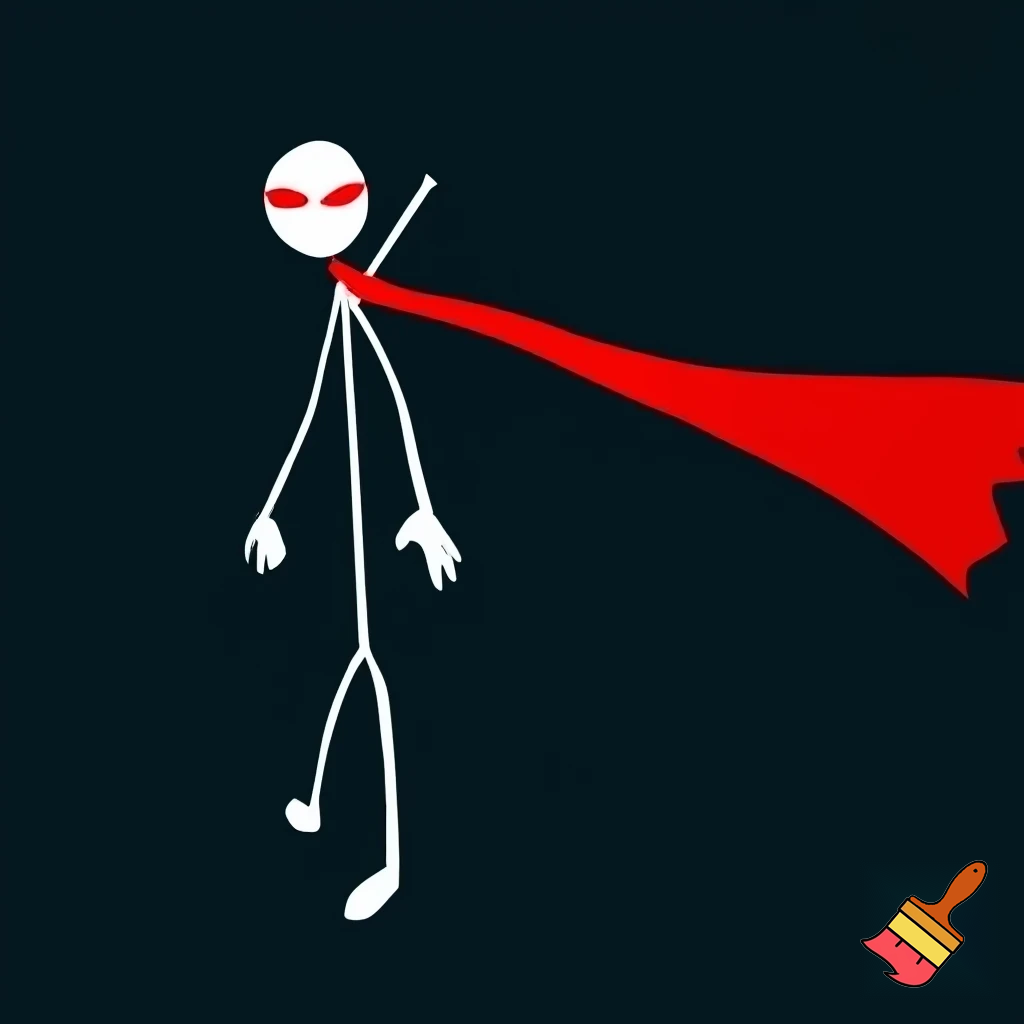 Minimalist stickman character, pure stickman style. White skin, no nose, no hair. Intense glowing red eyes without pupils. Thin rectangular body. Very thin stick arms and legs, with hands and feet slightly larger than the limbs. Wearing a very long red scarf flowing dramatically. A sword on the back. Simple clean lines, flat colors, high contrast white and red, dark minimalist background.
