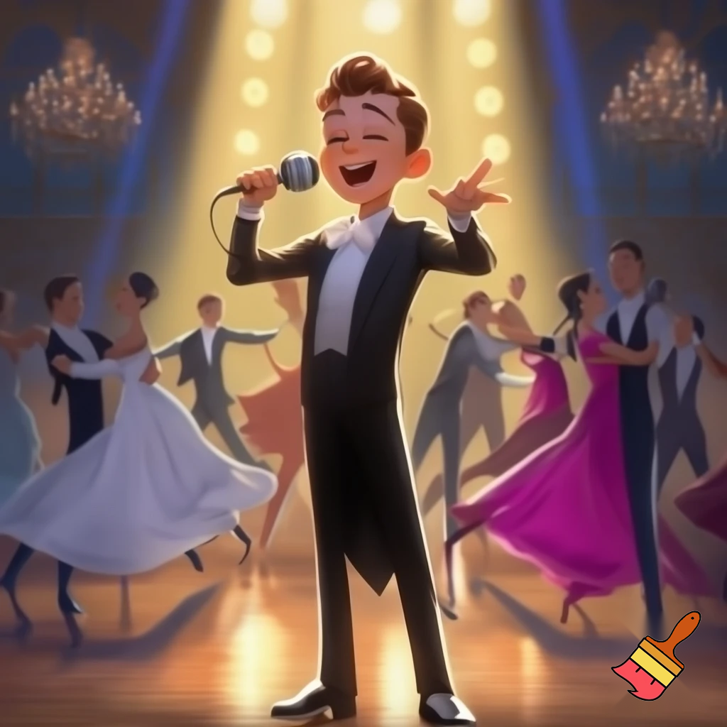 Preteen Boy in Top Hat White Bowtie Black Tailcoat Black Shoes Singing in Microphone on a big Stage. Behind him Ballroom Dance Kid Couples Dancing, the Boys in formal stylish Tailcoats, the Girls in beautiful Ballroom Gowns