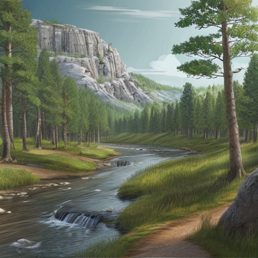 pour un élève de seconde en TP de SVT, propose une illustration d'un paysage fluviatile il y a 250 millions d'année avec une forêt à Voltzia, sans éléments modernes ni humains. J'attends que l'image soit réaliste et scientifiquement cohérente