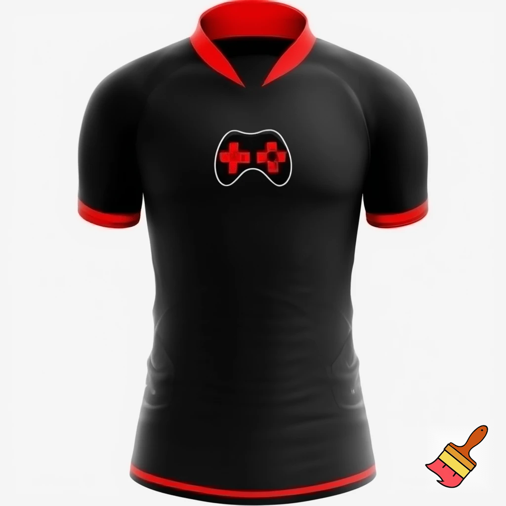 Crea una maglia da calcio nera con un colletto alto rosso e altri dettagli in rosso. È nera. Al centro ha un controller da videogiochi nero con i contorni che richiamano il colore del colletto