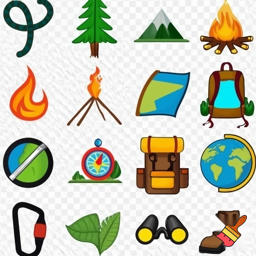 single icons of nature exploration in cartoon style : cord, fir tree, mountain, campfire, tent, carabiner, compass, backpack, world map, hiking shoe, binoculars