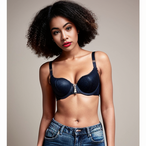Create an image of a Black woman with curly hair wearing a transparent bra and jeans that show a V-shaped indentation at the zipper.