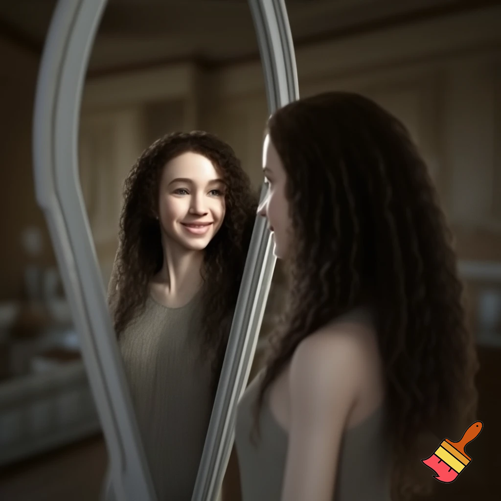 A slim twentyone year old woman with pale skin and dark brown long curly hair, depicted from head to toe, watching herself happily in a mirror.