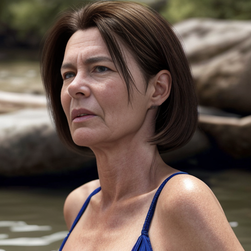 A woman, 51 years old,  stands at the riverbank. Backside. She has short dark brown hair. Woman is little bit chubby. Woman is wearing her blue bikini. Woman's head is floating 1 meter above her neck. 