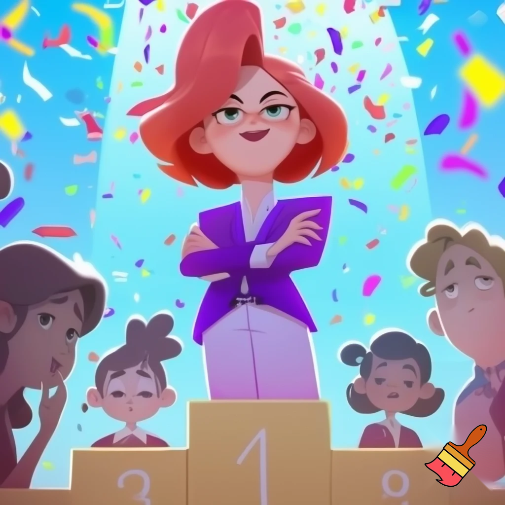 "A podium with three winners celebrating. The first-place winner is a red-haired girl with crossed arms, wearing a purple blazer and a white shirt, inspired by Marcella from the Spirit cartoon. She stands confidently on the top step. The second and third place winners are on either side, slightly lower on the podium. The scene is bright and cheerful, with a clear blue sky, confetti falling, and a lively, animated style reminiscent of cartoon illustrations. Focus on dynamic expressions and vivid colors." the other children look sad, the winner looks mean