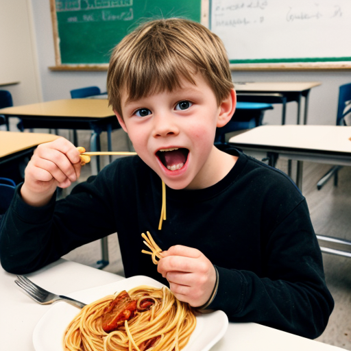 A German kid eating spaghetti and gooning in class