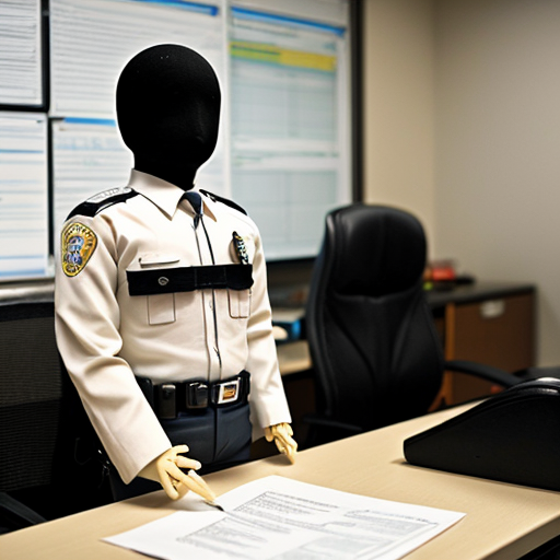在公安机关办公室，一个穿着白色警察制式衬衫的绘画木偶（面部空白无五官）坐在办公桌后低头看手机。办公桌前站着两个穿着深色常服的绘画木偶（面部空白无五官），一个手持文件，另一个双手自然下垂。镜头角度为从侧前方平拍。图片风格为写真，比例为1:1