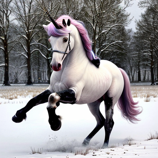 unicorn in a snowy field, photorealistic