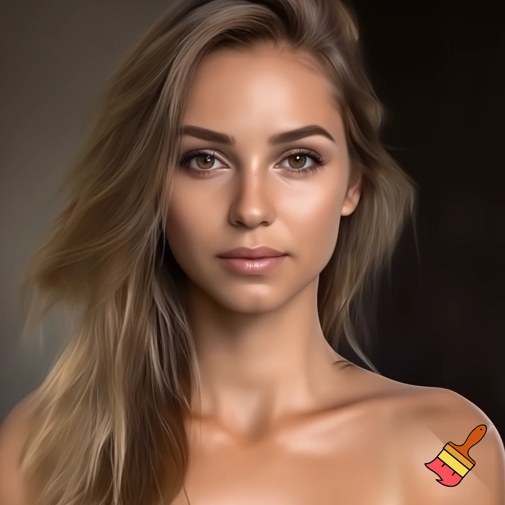Photorealistic full body picture of a woman, approximately 22 years old, with long legs and athletic figure. She has long, naturally flowing light brown blonde hair, oval face, almond-shaped brown eyes, average eye spacing, slim straight nose, naturally full lips, soft facial features, harmonious proportion and delicate, harmonious facial features. Her overall presence is confident, natural, and modern.  Natural daylight. Topless and black jeans. nipple piercing,