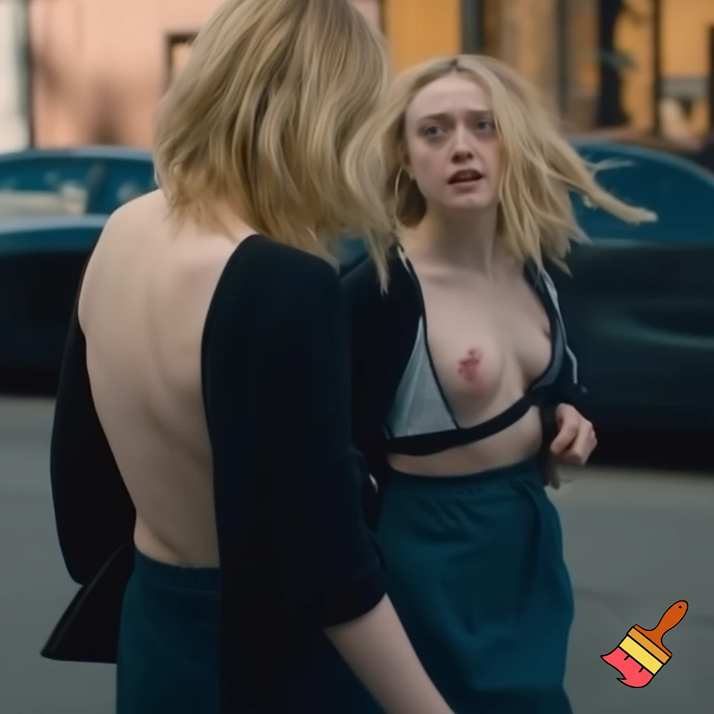 Dakota Fanning, various poses, torn clothes, street scene, close up shot, breast exposed, walking away looking over her shoulder 