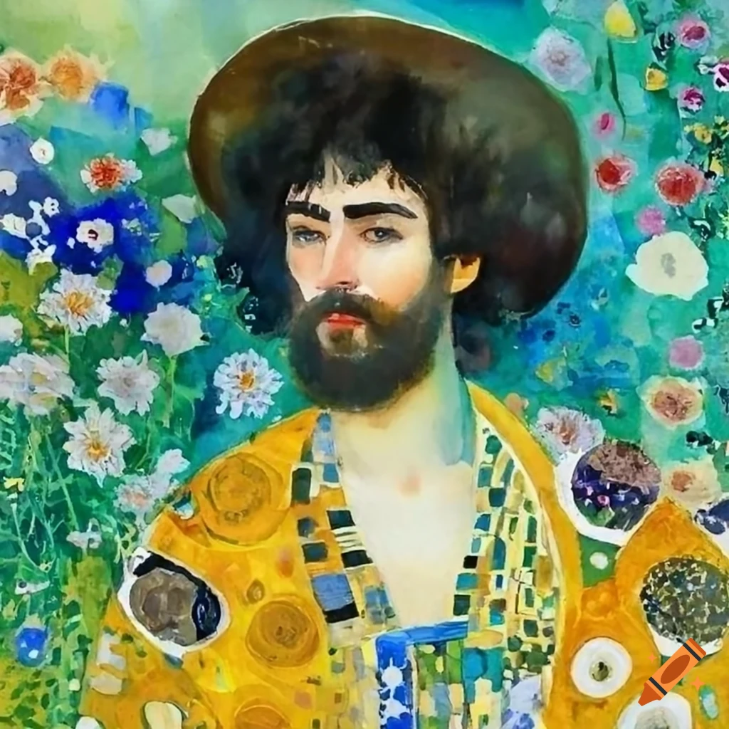 Man surrounded by flowers, watercolor, klimt