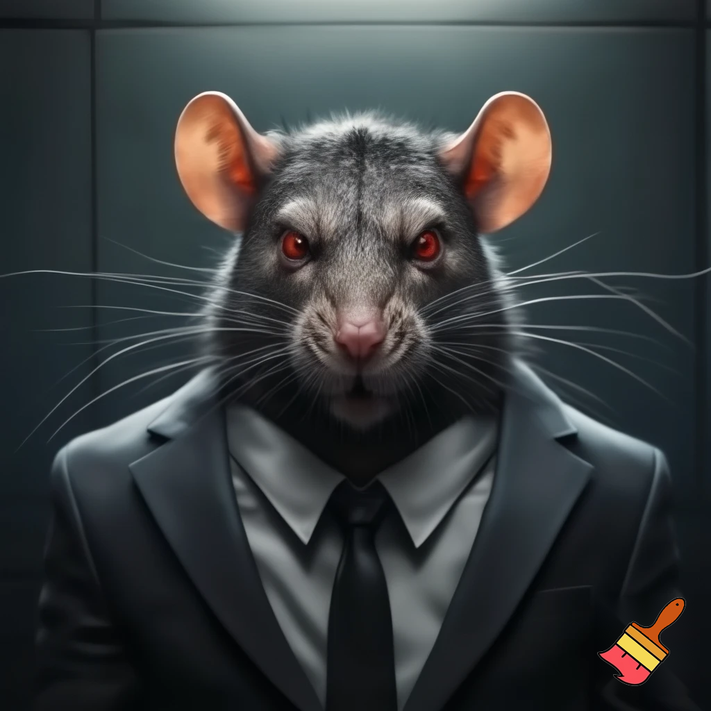 fierce smirking rat, neat business suit, mugshot red eyes, sinister  MUGSHOT 