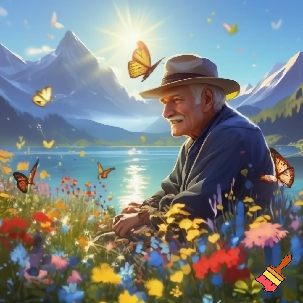 Ein älterer Mann sitzt an einem See und trägt einen Hut. Die Sonne scheint. Im Hintergrund sind hohe Berge zu sehen. Auf den Gipfeln liegt Schnee. Es blühen viele Blumen und es fliegen Schmetterlinge.