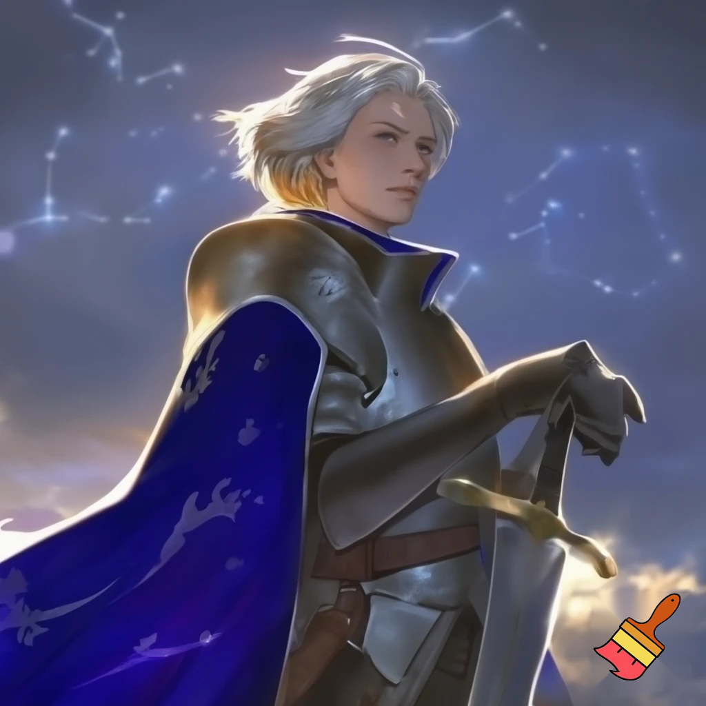a fair faced man with angelic short white hair and blueish gold eyes. he is also a knight