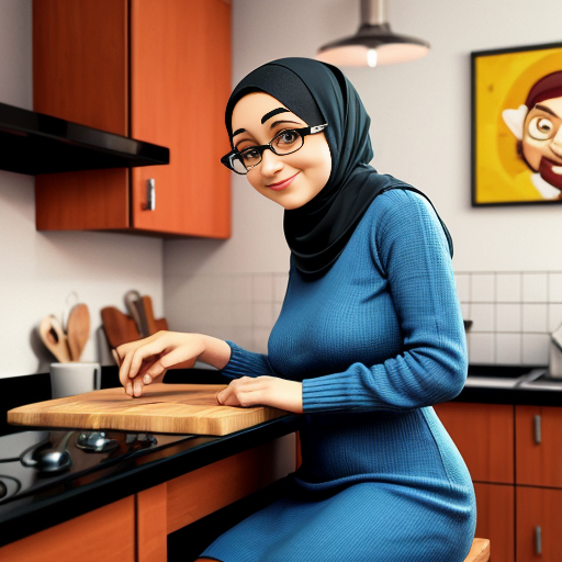 Мультяшный 3D стиль Pixar, упрощённые мультяшные черты, яркие дружелюбные цвета, уютная кухня. Мусульманская мама 35-40 лет, полностью покрыта голубым платьем, которая не выделяет широкое платье, округлое мультяшное лицо, большие простые глаза, готовит на плите. Сын, 20 лет, синяя толстовка, чёрные джинсы, короткая мусульманская причёска, мультяшное лицо, большие выразительные глаза, сидит за столом. Постоянный персонаж, одинаковая одежда и причёска, повторяемый дизайн персонажа, кинематографическое освещени.