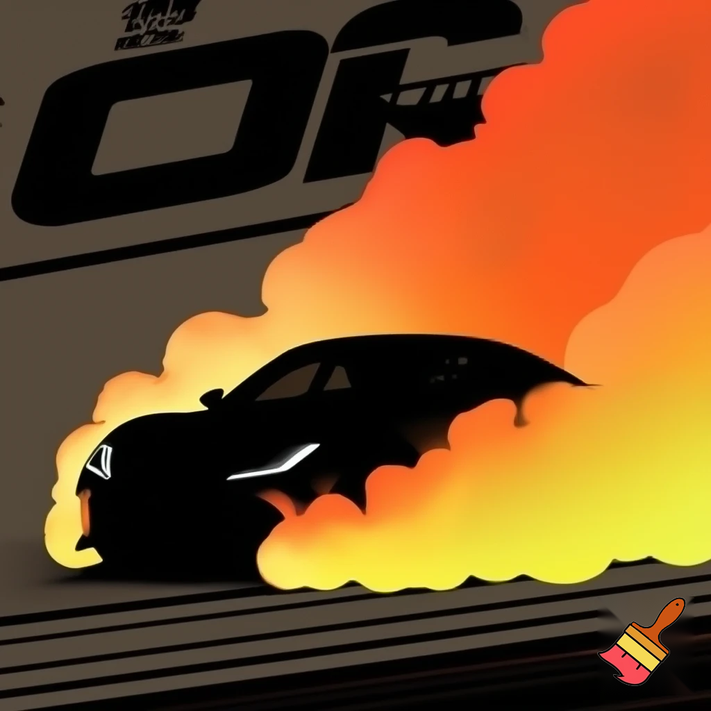 A sleek silhouette of a speeding car drifting across the shirt, leaving a sunset-orange (#F38744) smoke trail that fades into yellow highlights (#F2D602). The background elements and typography are sharp black, giving the whole design a bold contrast. The design feels fast, warm, and high-energy—perfect for a night-meet vibe.