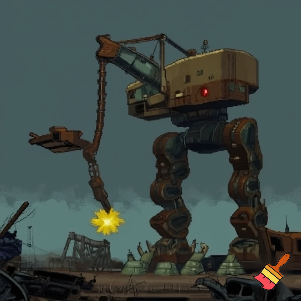Make a pixel art of a enemy that is a robot crane head and has crane arms is really tall and is found in junkyards they could also shot balls of energy and this is a enemy for jumpbot the main charecters in our game