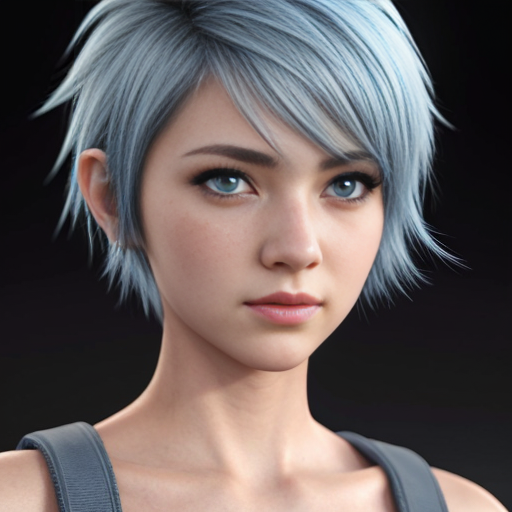 Simple anime cartoon style. Female. Short azure blue hair in an extremely short Spikey pixie cut. Blue eyes. Head shot.