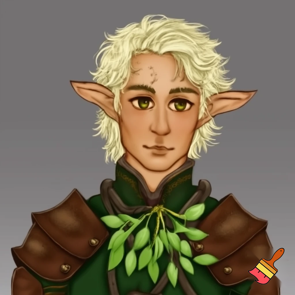 younger male wood elf sage circle of the stars druid pale skin blond hair hazel eyes leather armor with a sprig of mistletoe as a necklace