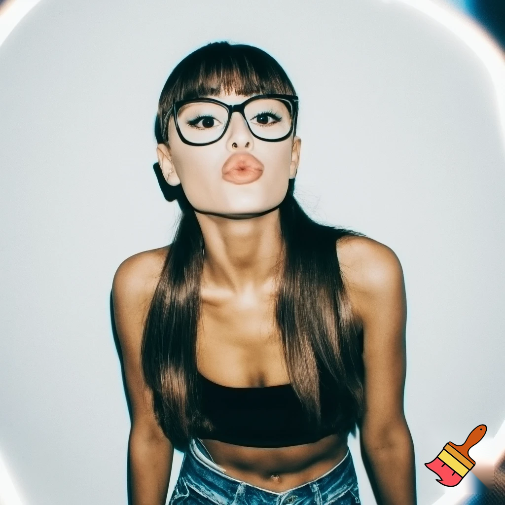 ariana grande with bangs with a black crop top with jeans with glasses posing in a white wall ,2017 quality ,grainy aesthetic posing ,she is doing the kiss lips pose ,realistic, close up 