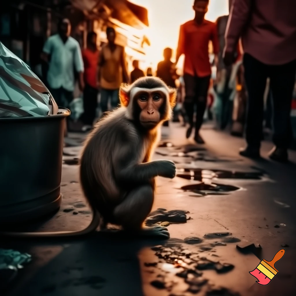 A thin, sad little monkey sitting beside a garbage bin in a small Indian market street at sunset, slightly wet ground after rain, people walking in the background ignoring him, cinematic lighting, emotional atmosphere, realistic art style.