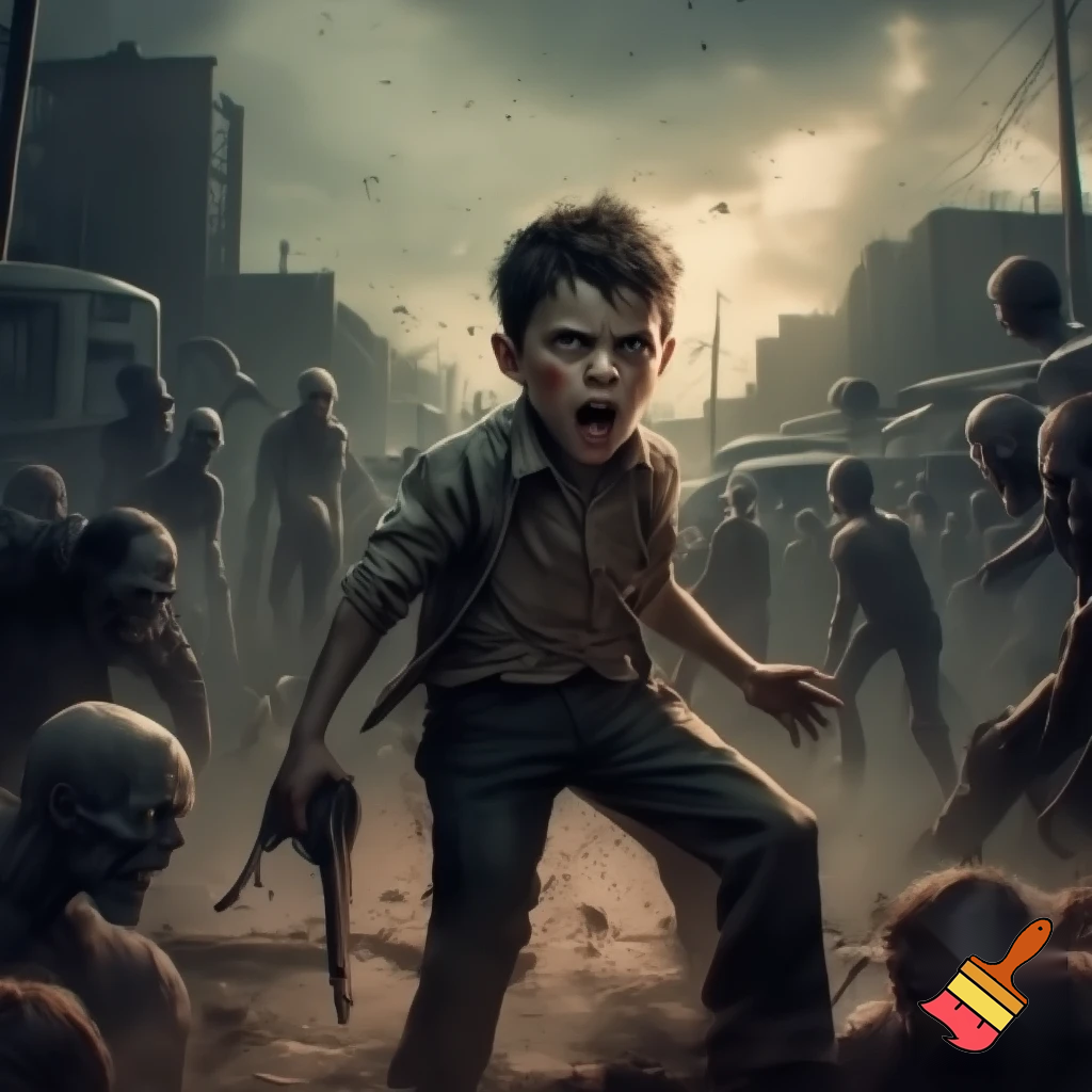 a school boy killing zombies
