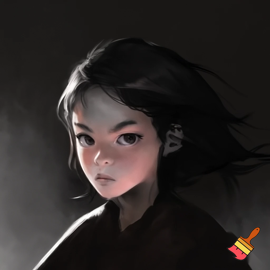 A twelve year old girl who is strong and has black hair and white skin
