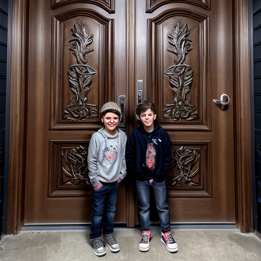 A door with weird mystical engravings and a girl and boy standing in front of it.