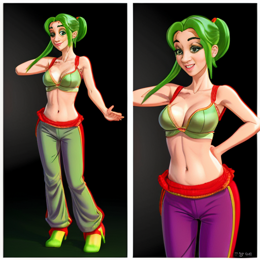 90's disney's 2d aladdin style comic dark black background and panels of 
panel 1 purple haired Ponytail shantae with red harem pants and red bra and red curved slippers with both hand palms place together and hiding the bottom of her mouth with a red veil wrapped around her arms and shoulders. 
panel 2 she danced with red harem pants with red bra and red curved slippers and red veil wrapped around her arms and shoulders and raising legs and bounced up and down her belly and shook her hips left and right. 
panel 3 as Shantae with red harem pants and red bra and curved red slippers spreading her arms, happily revealing her face to the viewer and giving a smile as she turns around shook her butt left and right. Panel 4 as purple haired Ponytail shantae with red harem pants and red bra and red curved slippers started to fading away , except her belly, which is bouncing around. 
Panel 5 then the ball transforms into the fading in belly of green haired Ponytail shantae with light green skin and green harem pants and green bra and green curved slippers and green veil wrapped around her arms and shoulders with her swaying her hips. 
Panel 6 green haired Ponytail shantae with light green skin and purple harem pants and green bra and green curved slippers and green veil wrapped around her arms and shoulders and with her hand palms place together between her chest and she gives a smile and winking her left eye.  