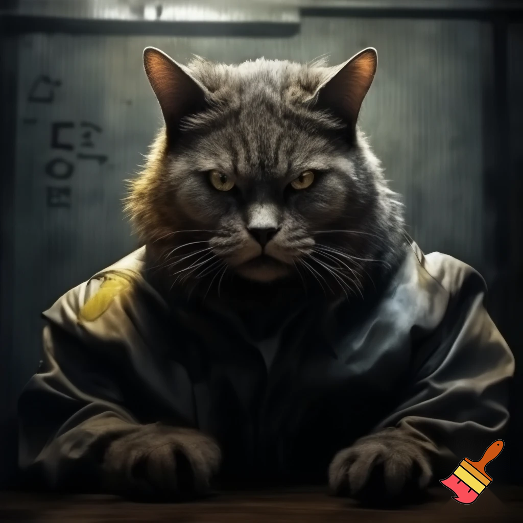 evil, sinister, strong, cat in a police mugshot staring with dim lights jail suit